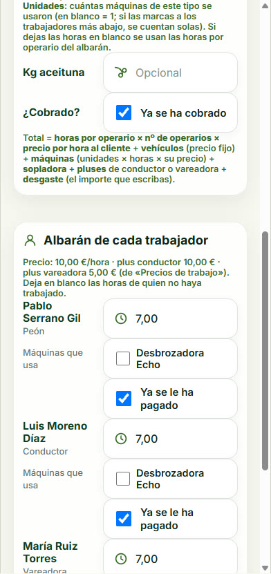 Albarán, kg, cobrado y trabajadores
