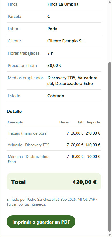 Detalle y total del albarán