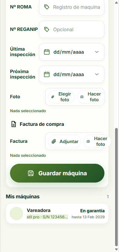 Foto, factura y lista de máquinas