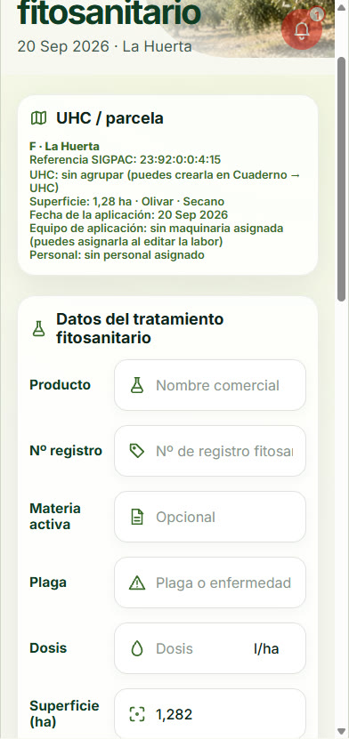 Registro, datos de la parcela y producto