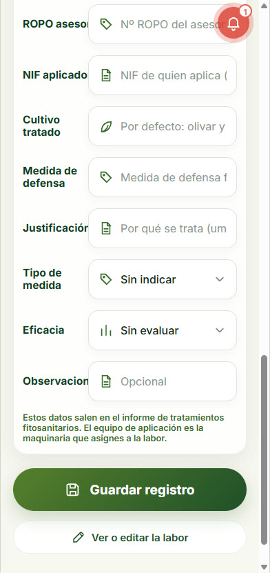Registro, datos finales
