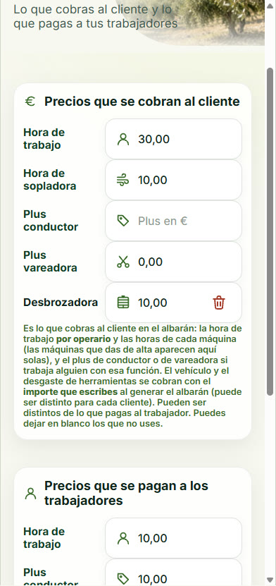 Precios de trabajo